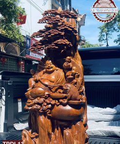 Tượng Di Lặc tam phúc ngồi gốc tùng gỗ ngọc am TPDL13