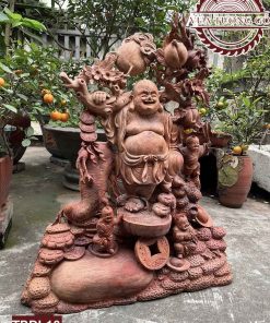 Tượng Phật Di Lặc tam phúc ngồi gốc đào gỗ hương Việt TPDL18