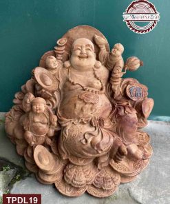 Tượng Phật Di Lặc tam phúc ngồi trên núi tiền gỗ hương Việt TPDL19