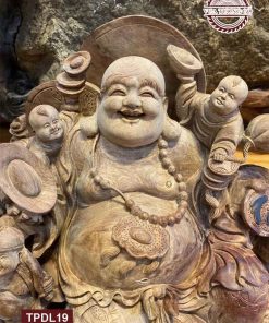 Tượng Phật Di Lặc tam phúc ngồi trên núi tiền gỗ hương Việt TPDL19