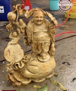 Tượng Phật Di Lặc tam phúc vác cành đào gỗ nu kháo đá TPDL20