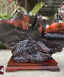 Tượng cặp cá Xiêm gỗ trắc đỏ đen kèm kỉ TCC04