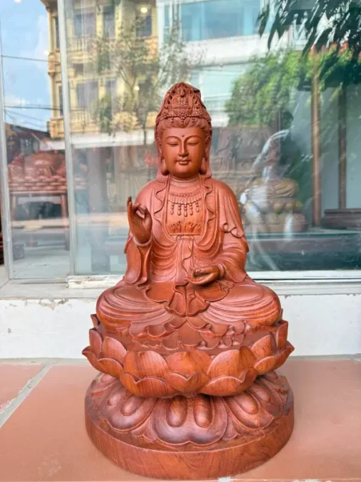 Tượng Gỗ Quan Âm Ngồi Đài Sen Gỗ Hương Nguyên Khối TQA04