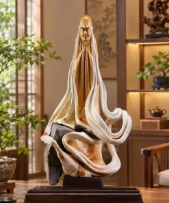 Tượng La Hán Trường Mi Gỗ Nhai Bách Ôm Đá TLH05